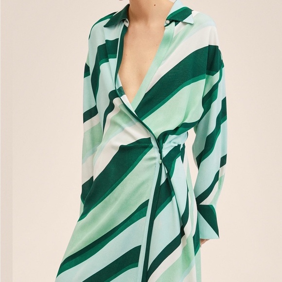 Mango Dresses & Skirts - MNG Green Striped Wrap Dress Midi Satin Look Spring Summer Minimalist Women’s M